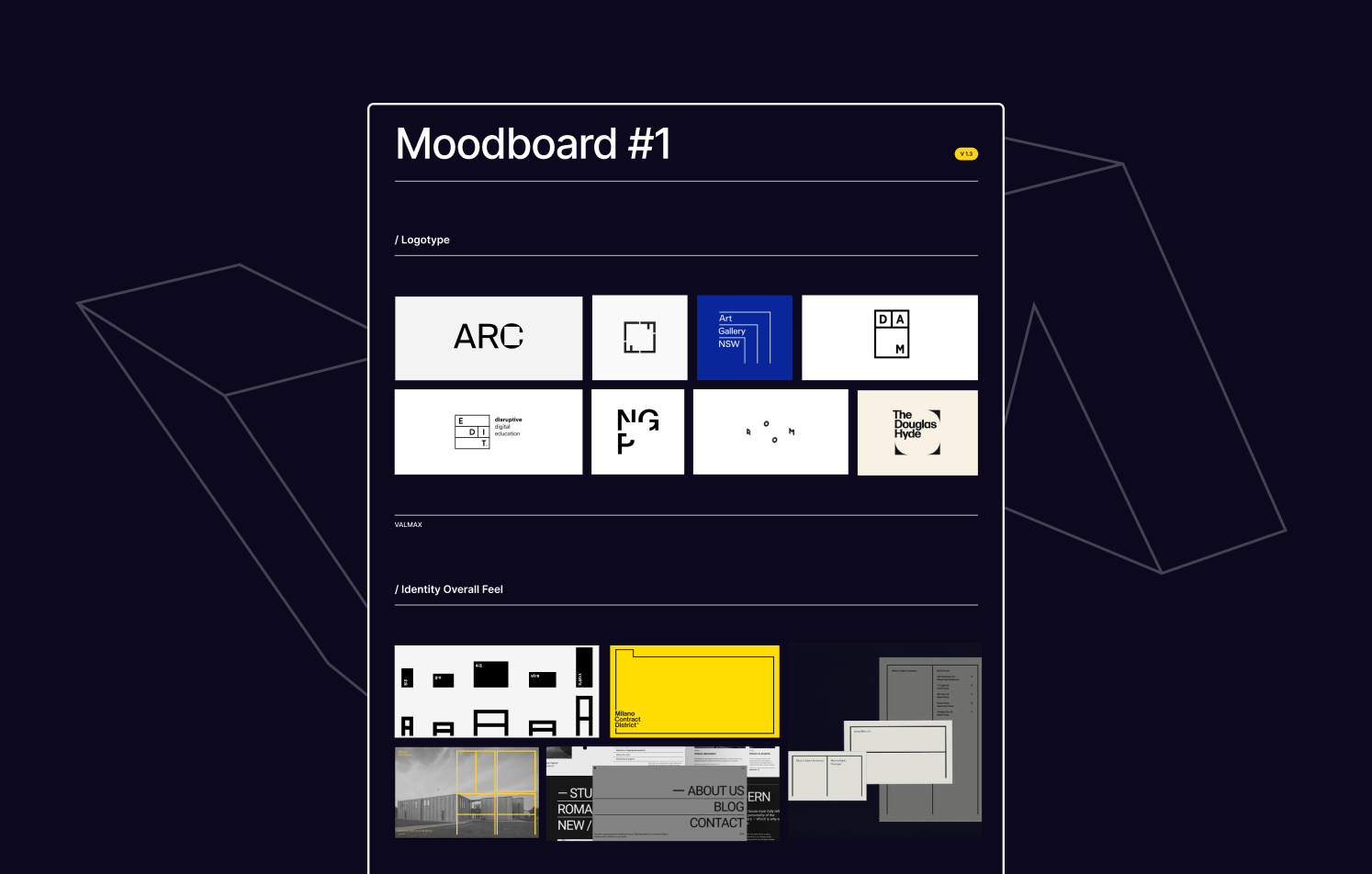 Moodboard featuring minimalist logotype designs and examples of modern, grid-based visual identity systems.