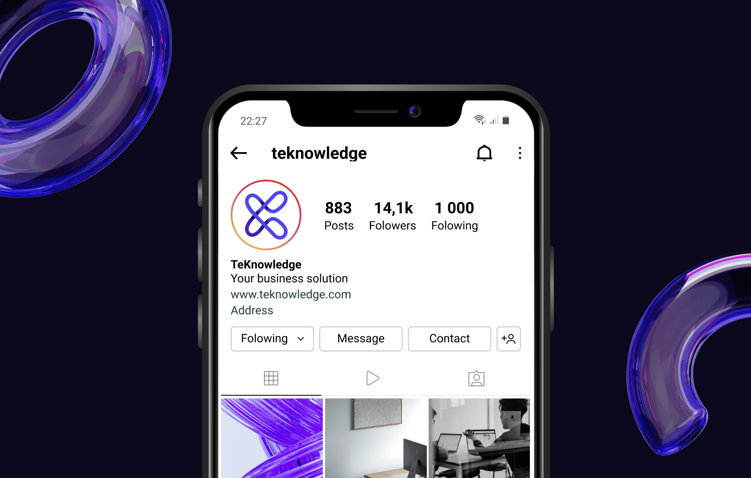 A smartphone displaying the Instagram profile for "teknowledge," showing 883 posts, 14.1k followers, and 1,000 following, with a purple-toned logo and content.