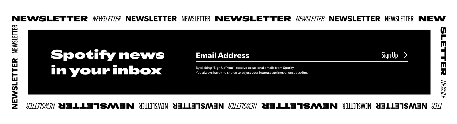 A Spotify newsletter signup form on a black background with "NEWSLETTER" repeated around the border.