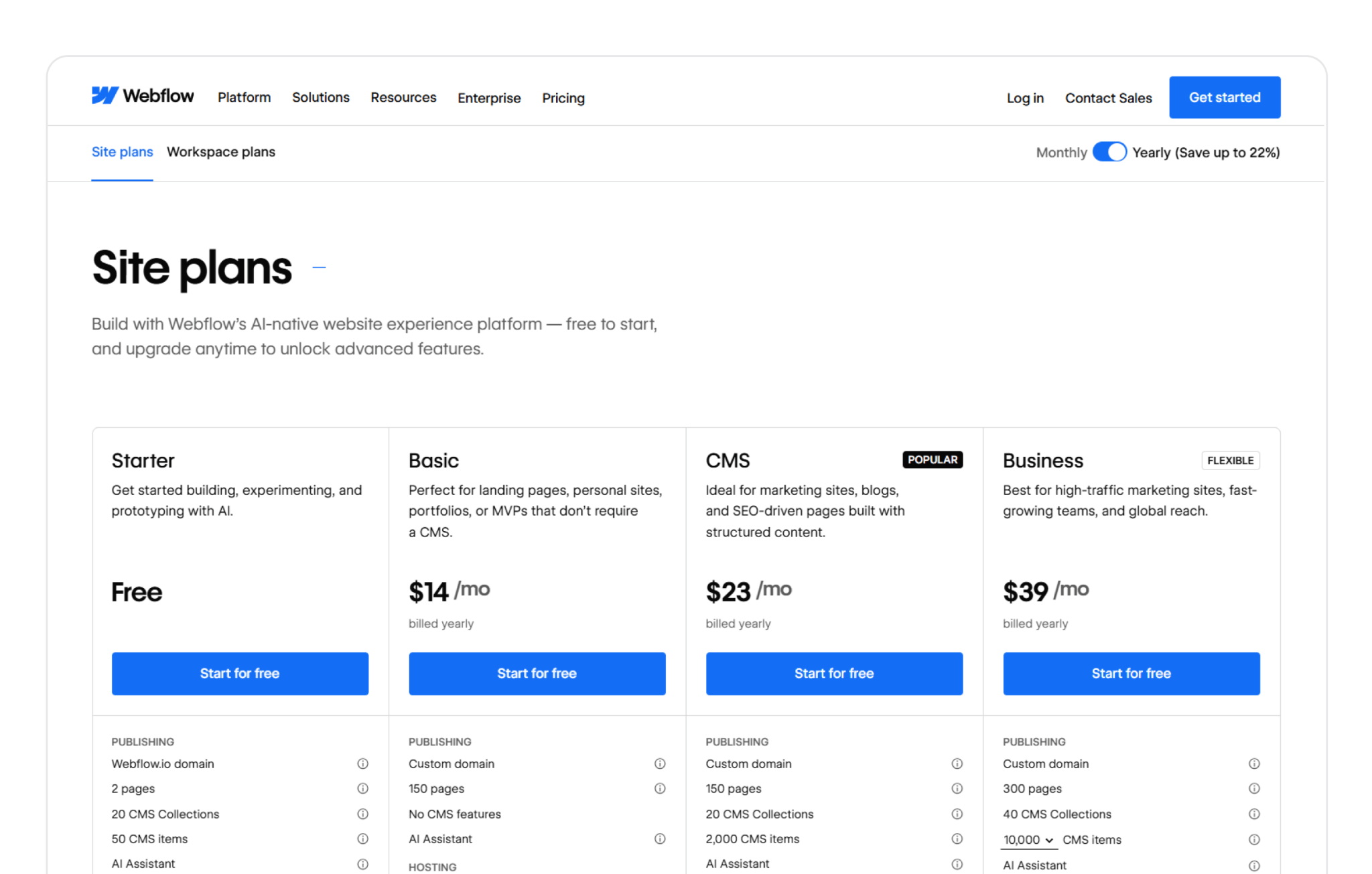 Webflow pricing site plans