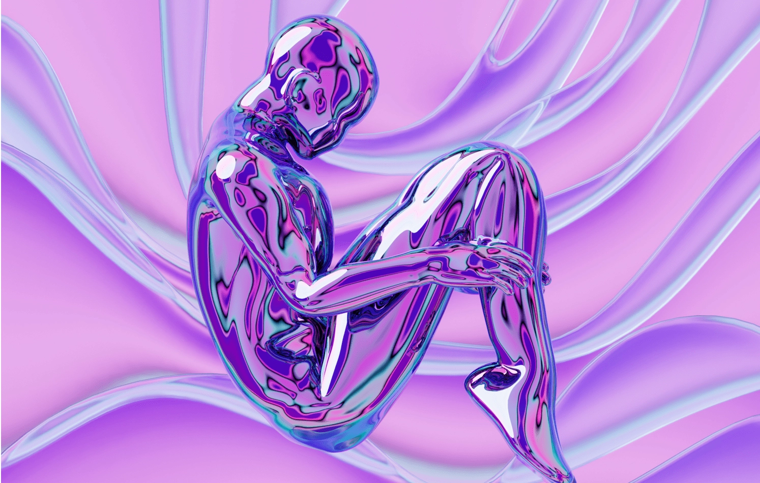 Chrome human figure on purple background.