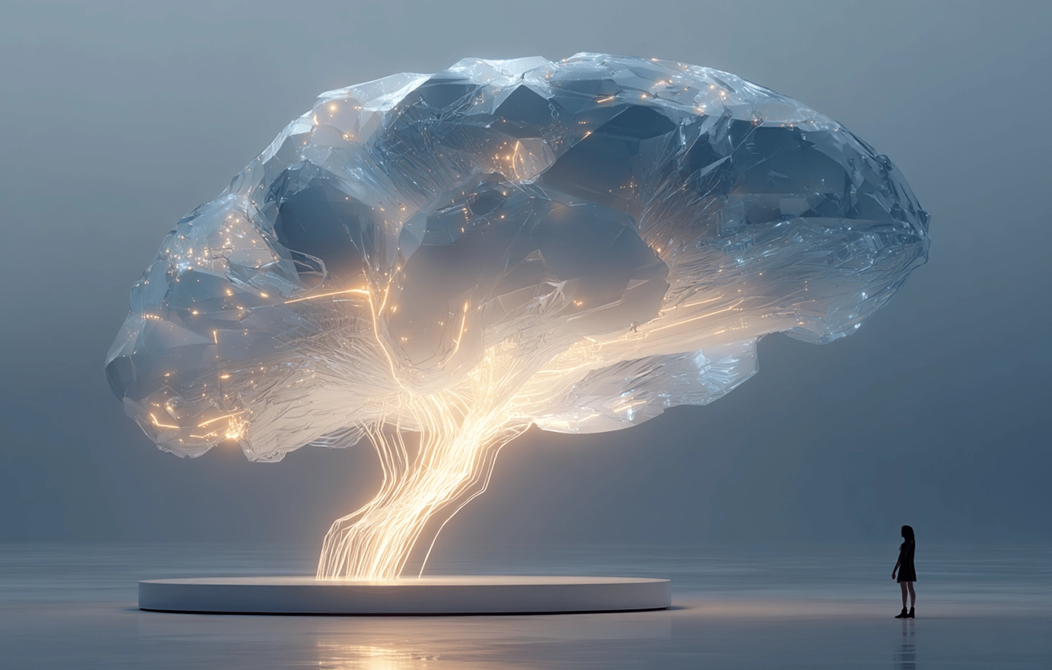 Glowing digital brain with person standing nearby.