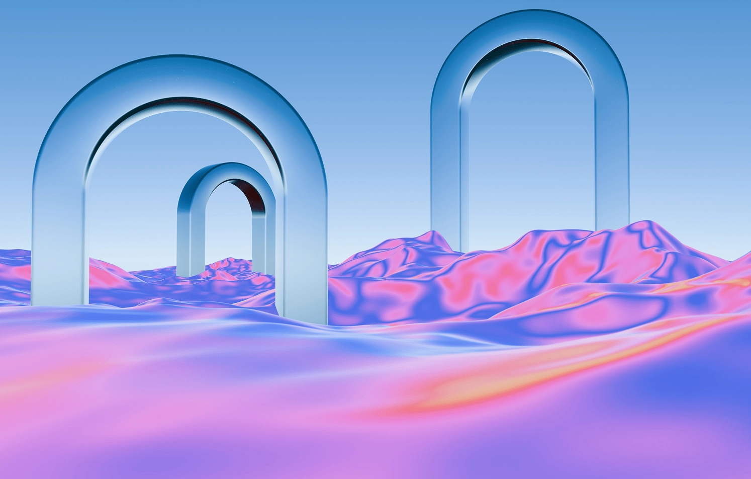 3D arches on pink and purple terrain.
