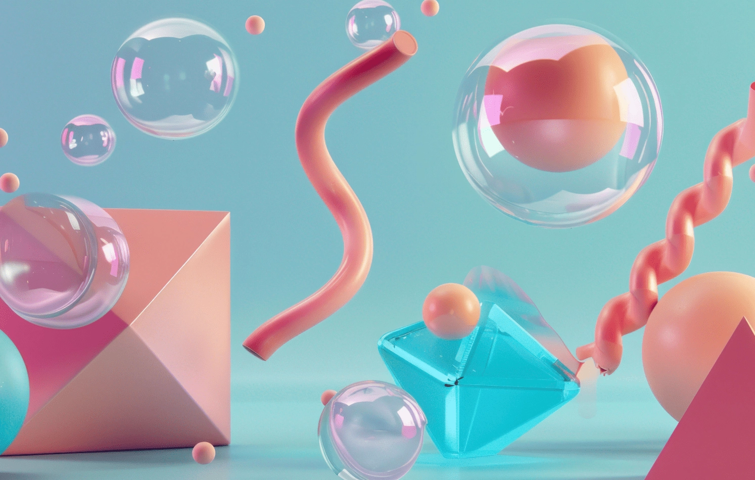 Abstract 3D shapes and bubbles in pastel colors