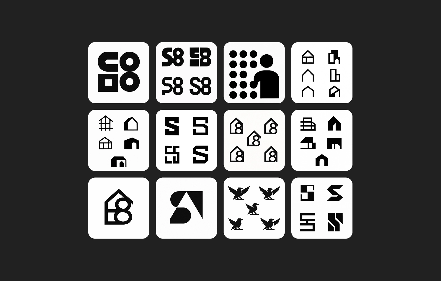 Minimalist logo icons in a black and white grid