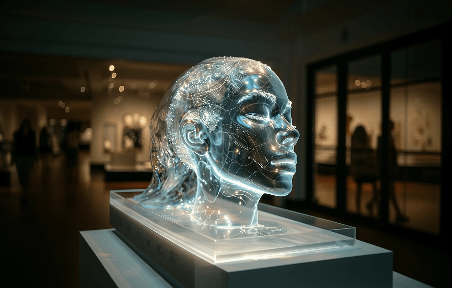 Futuristic glass head with glowing circuits