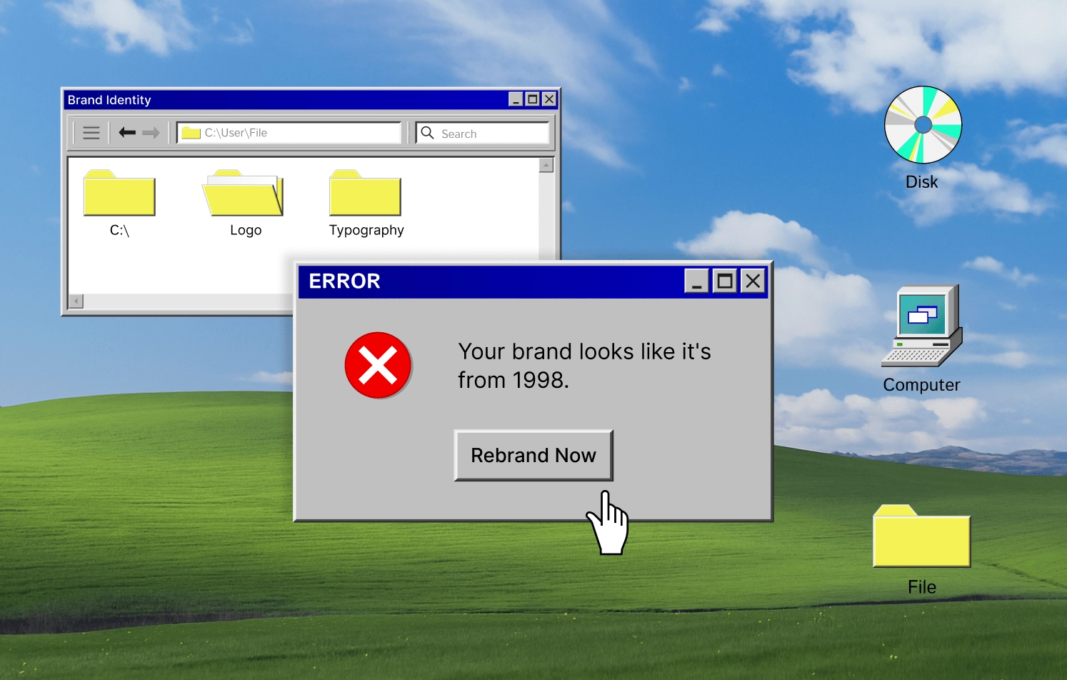 Retro Windows pop-up says “Your brand looks like it’s from 1998” with a “Rebrand Now” button