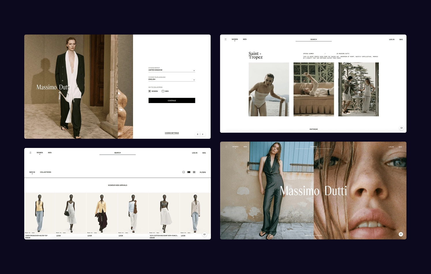 Website interface examples of the fashion brand Massimo Dutti, including homepage and product catalog views.