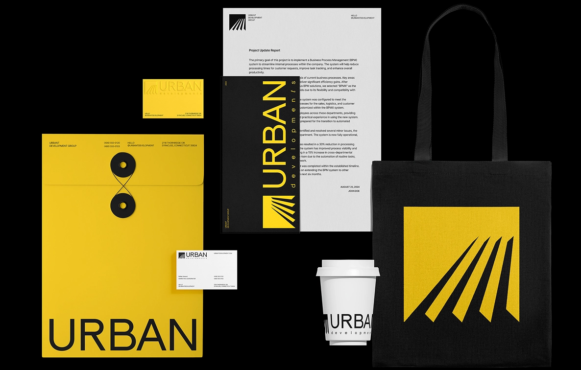 Branding materials including logo, packaging, and stationery with yellow and black color scheme labeled ‘URBAN'