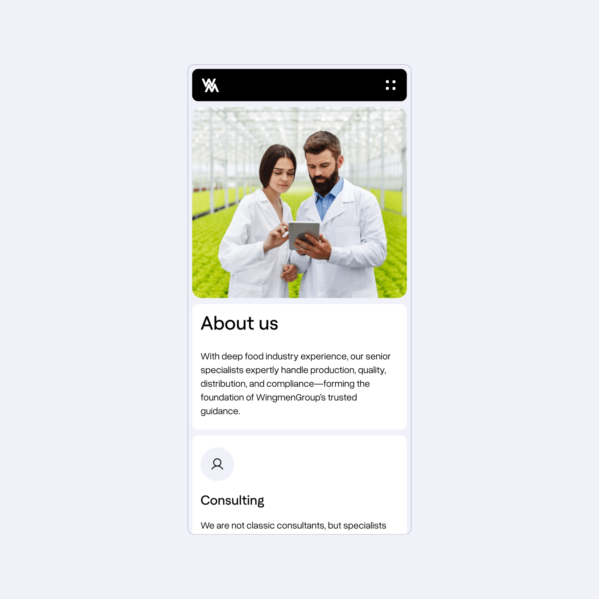 Mobile screen showing "About us" page
