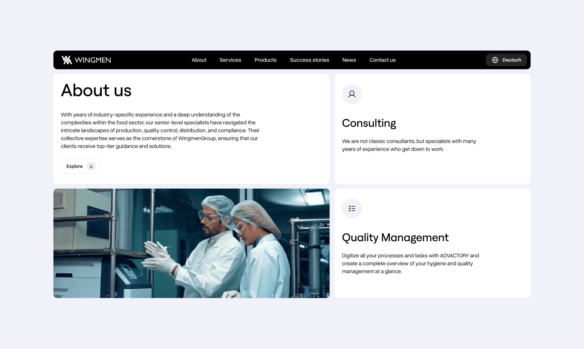 Wingmen "About us" page with services