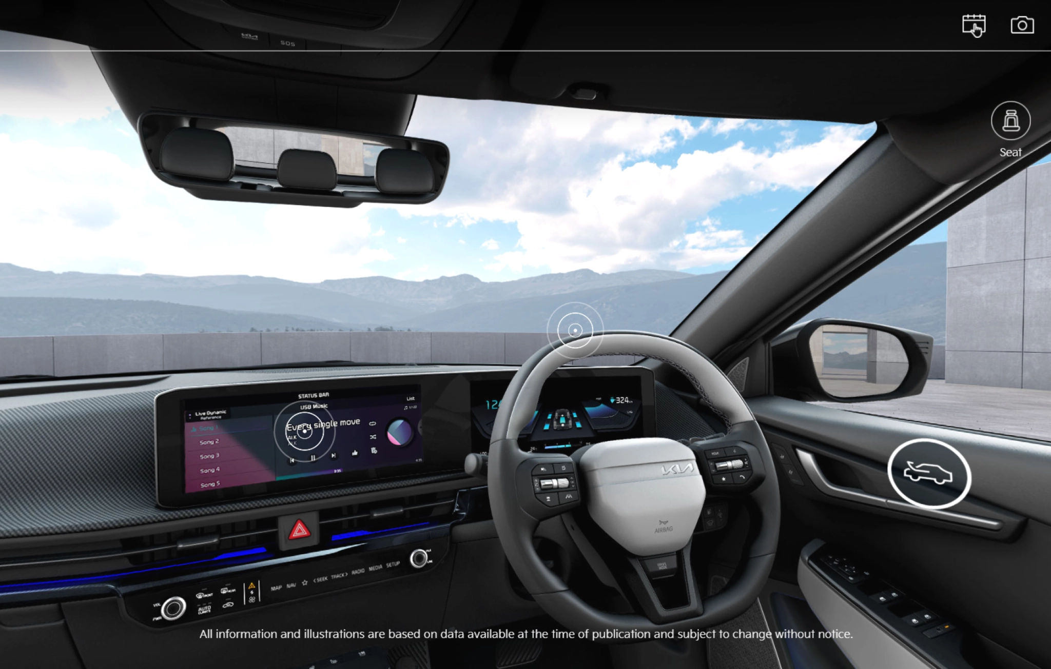 Interior with steering wheel and displays