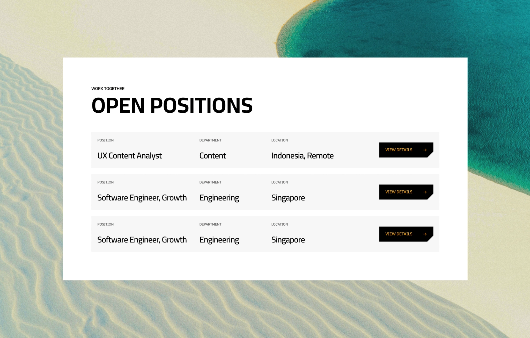 Job listings with roles, departments, and locations